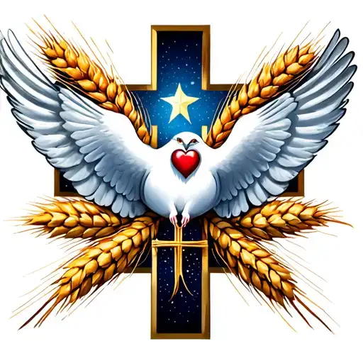 Cross And Dove With Ears Of Wheat And Heart With Star