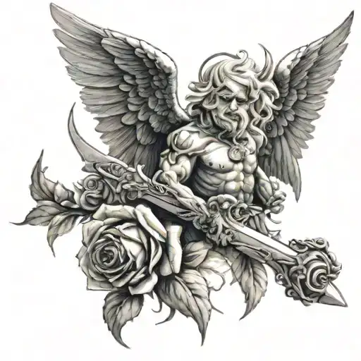God Holding Sword With Roses And Wings