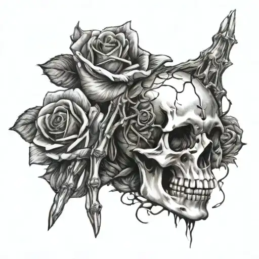 Skeleton Tattoo For Back Of Hand That Has Rings On Fingers And Roses Growing Around The Hand
