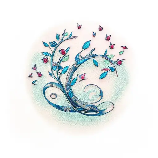 Cherry Tree Branch With Treble Clef And 3 Aquamarine Butterflies
