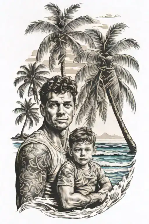 Boy With Father Palm Trees And Waves