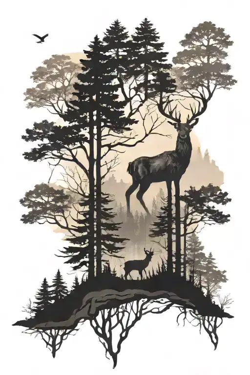 Forest Sihlosilhouette With Small Deer