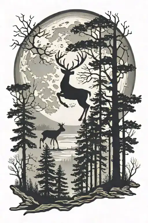 Forest Sihlosilhouette With 1 Small Deer And A Full Moon