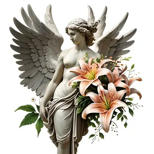 Nike Of Samothrace With Wings With Lily Flower Bouquet