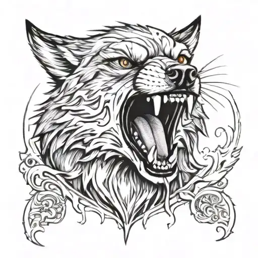 Create A Tattoo Of A Demonic Wolf With Its Tongue Out Showing Great Anger