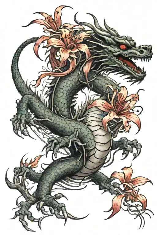 Japanese Dragon With Red Spiderlilly