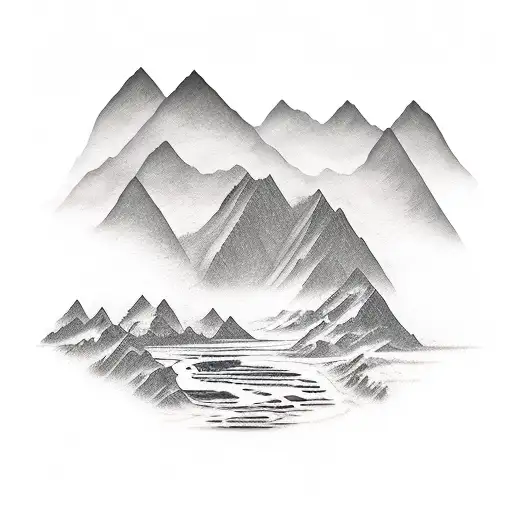 A Realistic Tattoo Of A Serene Landscape With Mountains And A Flowing Music Sheet As A River