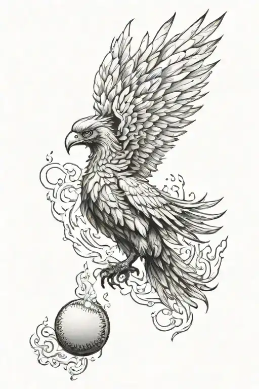 Inricate Pheonix Rising From Teh Ashes And Fire Holding A Burning Baseball With Its Claws