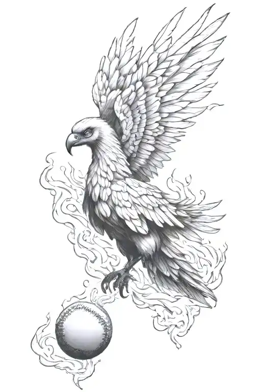 Inricate Pheonix Rising From Teh Ashes And Fire Holding A Burning Baseball With Its Claws