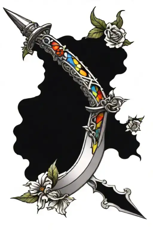 Dagger With Stained Glass In Handle And Flowers Around Blade