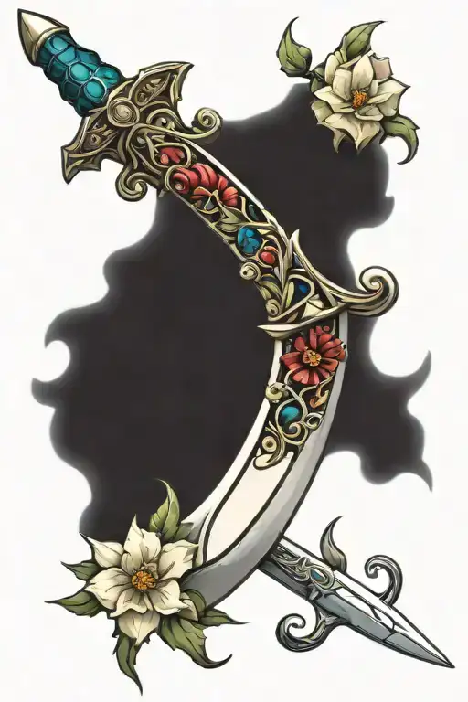 Dagger With Stained Glass In Handle And Flowers Around Blade