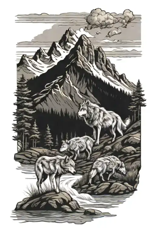 Mountain With River Flowing Down It And Wolves Running Down The Mountain Towards Sheep
