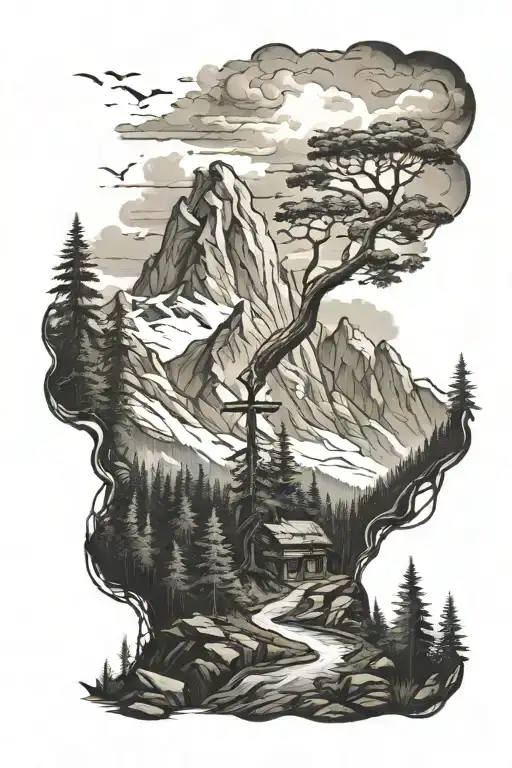 Mountain Forest With Cross On Top Of Mountain