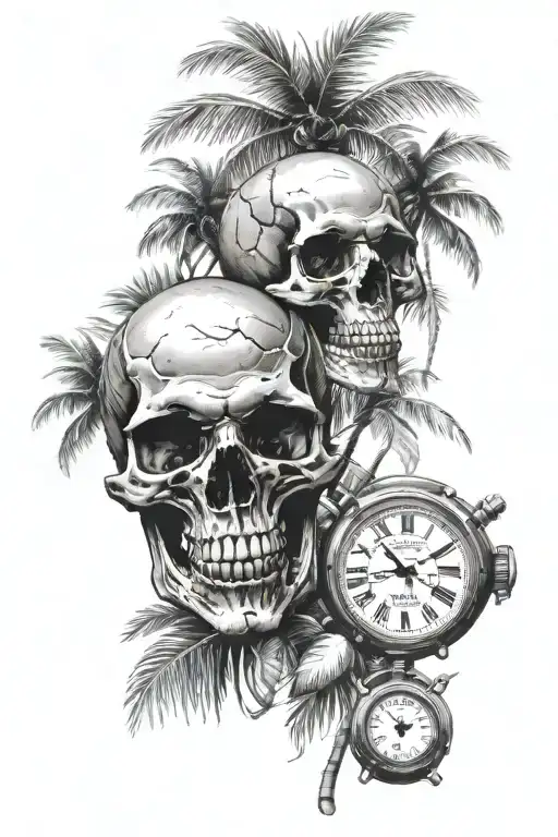Skull And Watch And Coconut Trees