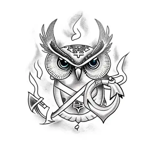 Flying Owl With Anchor And Fire