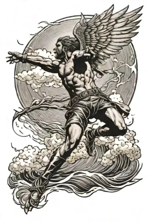 Icarus Falling Into The Ocean Waves With Lightning Above