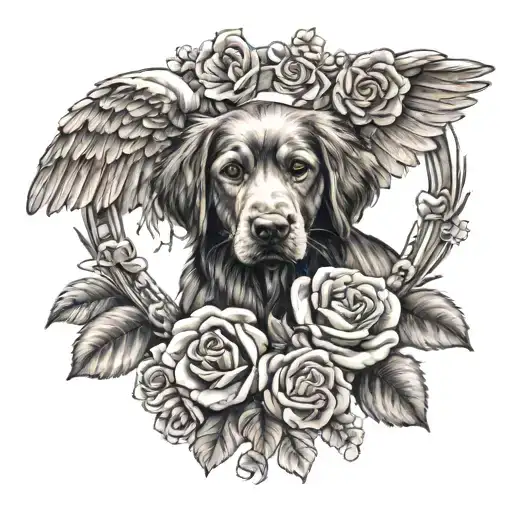 Dog Paw With Angel Wings And Heart Of Roses Around It