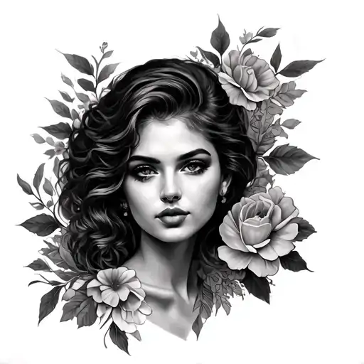 Black And Grey Realism Portrait Tattoo Of A Woman With Floral Elements