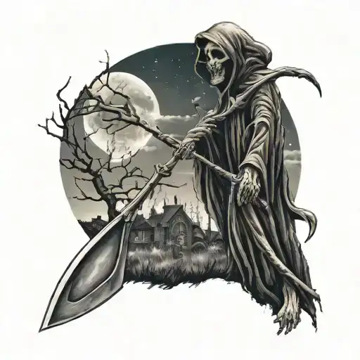 Grim Reaper Holding A Scythe In A Graveyard With Full Moon In The Background