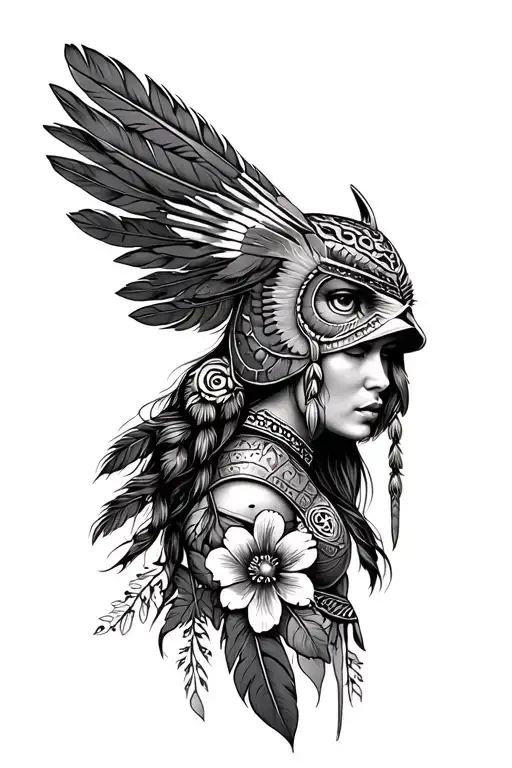 Warrior Woman With Owl Helmet In Indian Feather And Flowers