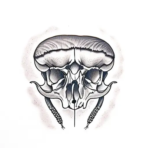 Raven Skull With Mushrooms Growing Around