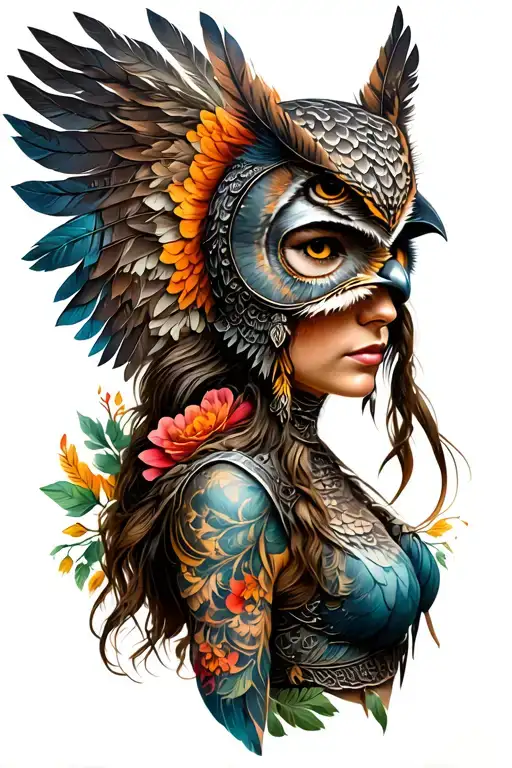 Woman Warrior With Owl Helmet In Feather And Flowers