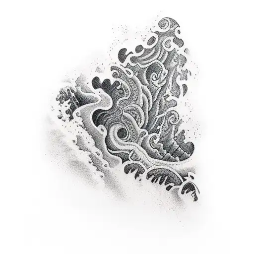 Half Sleeve Tatto Of A Waterfall And Lava Going Into The Ocean Of A Tropical Beach