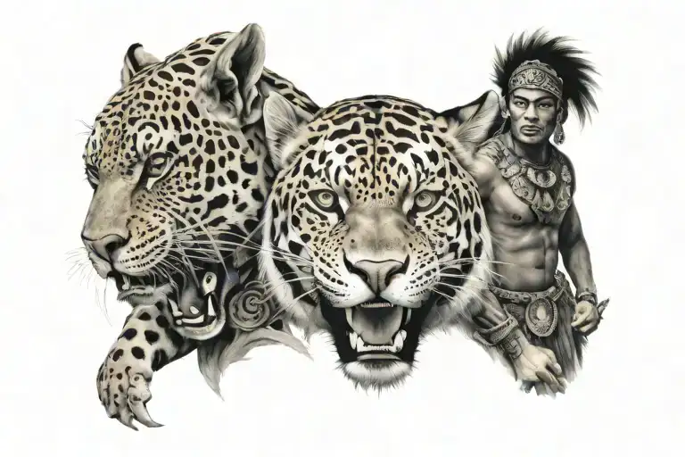 Mayan Warrior With Jaguar Surrounded