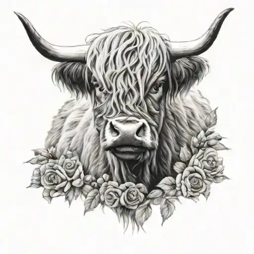 Black And Grey Realistic Highland Cow With Roses