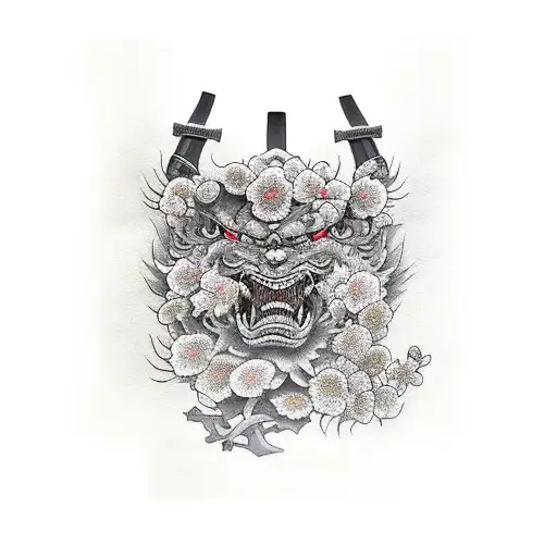 Samurai To Fit The Complete Arm And Surronded By Japaneses Traditional Houses Anda Flowers