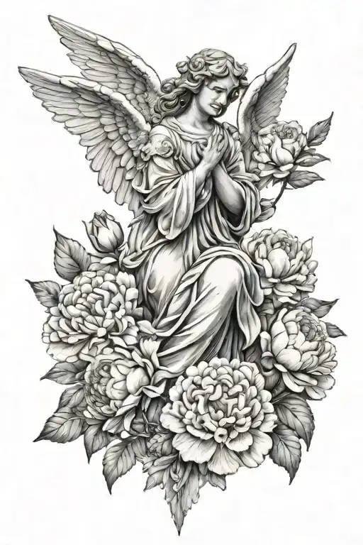 Angel Statue With Peonies Blooming