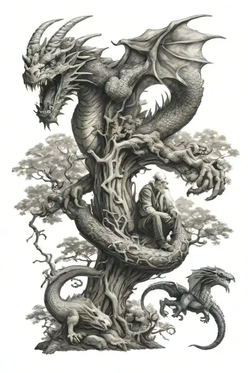 Big Dragon And Old Man In Forest With Animals