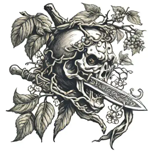Sanke Wrapped Around A Sword Eating An Apple Tree