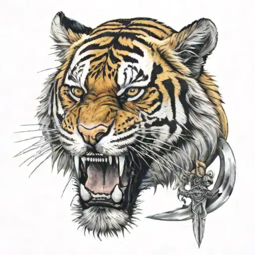 Tiger Roaring With Sword Through Skull