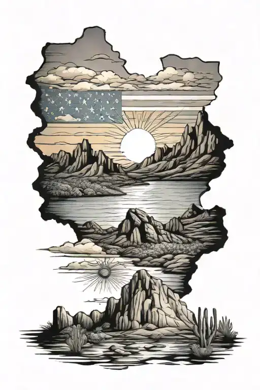 Arizona Mountains With Ocean And Arizona Flag As Sunset