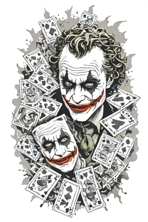 Heath Ledger As The Joker Face With Fling Cards Around Him In The Background A Big Explosion Tattoo