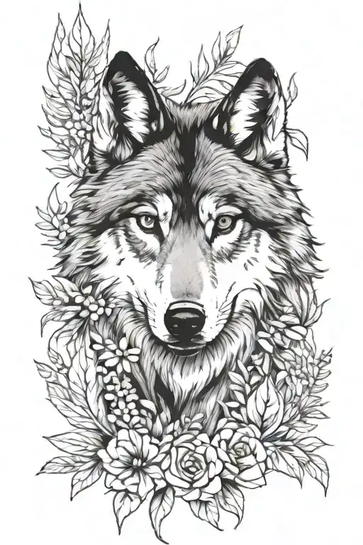 Wolf With Florals And Feathers
