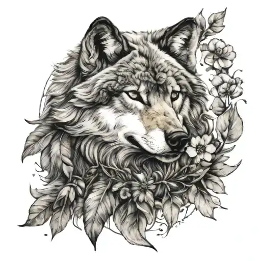 Wolf With Wild Flowers And Feathers