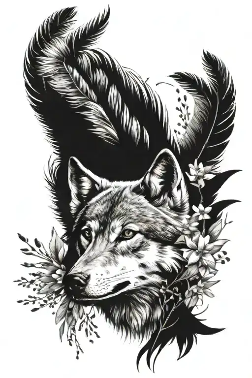 Wolf With Wild Flowers And Feathers