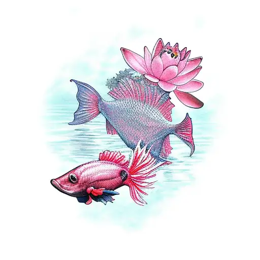 Two Pink Water Lily And Red Betta Fish