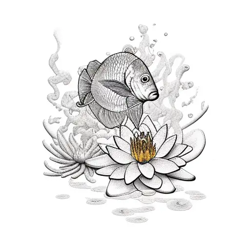 Two Pink Water Lily And Red Betta Fish