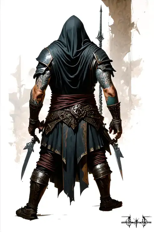 Hooded Assassin Warrior Standing No Weapons Back View