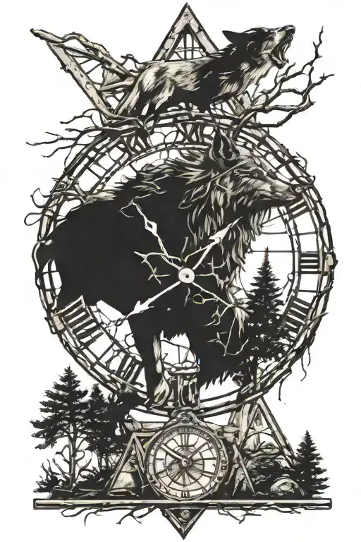 Barb Wire Wolf Bull Trees Clock Pyramid Logo Integrated