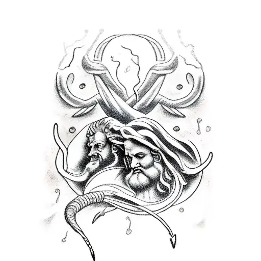 Zeus And Posiedon With Lightning Bolts And Ocean