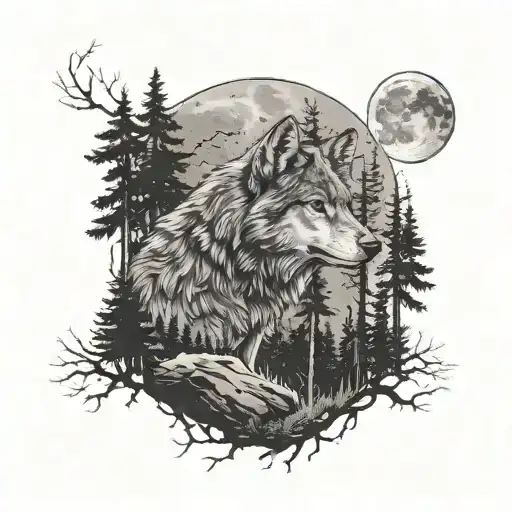 A Wolf Howling At The Moon In A Forest Setting