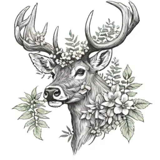 Red Deer Head With Texas And Wisconsin Native Flowers And Ferns