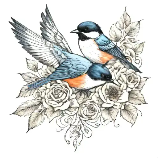 Swallow Bird Roses Intertwined Poppies Blooming Chickadee