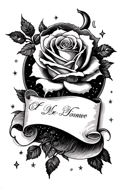Rose With Name Scroll And Moon And Stars Surrounded