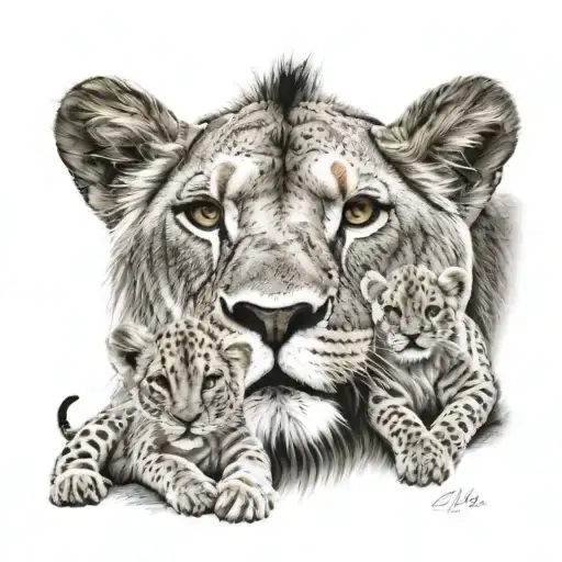 Dad Lion With 2 Lion Cubs Face Only