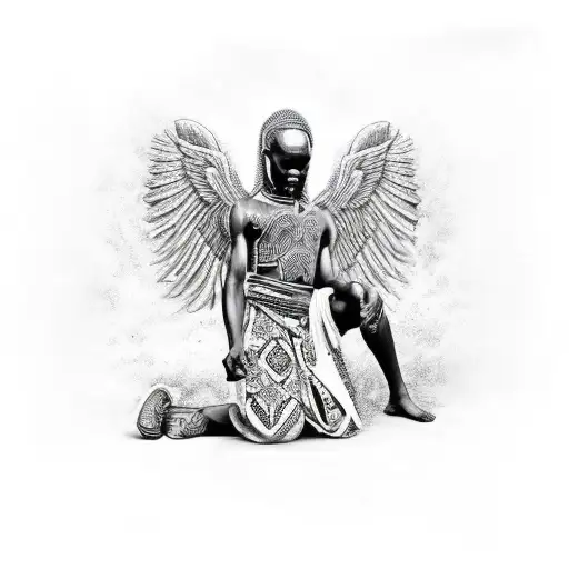 African Warrior Angel On One Knee Near Water